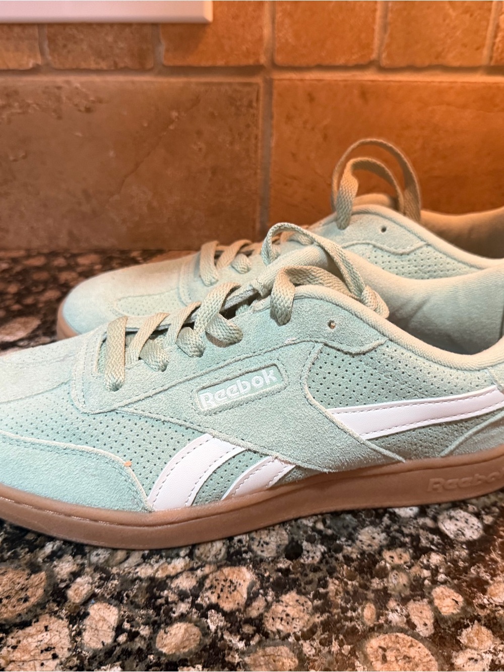 Reebok Women’s Mint Green Suede Sneakers with White Stripe and Gum Sole